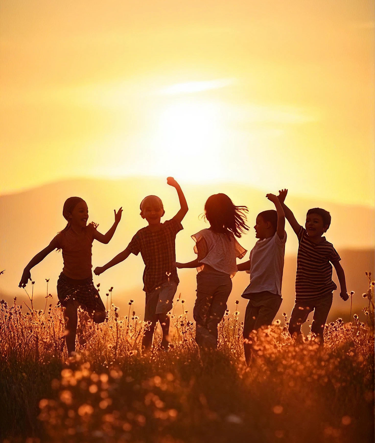 Shining Paths - Children running in golden meadow sunset